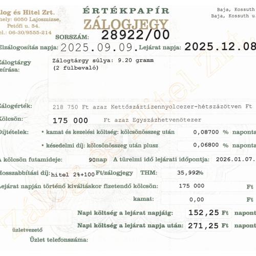 B-28922 sz. zálogjegy