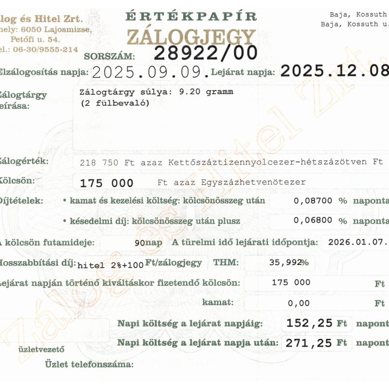 B-28922 sz. zálogjegy