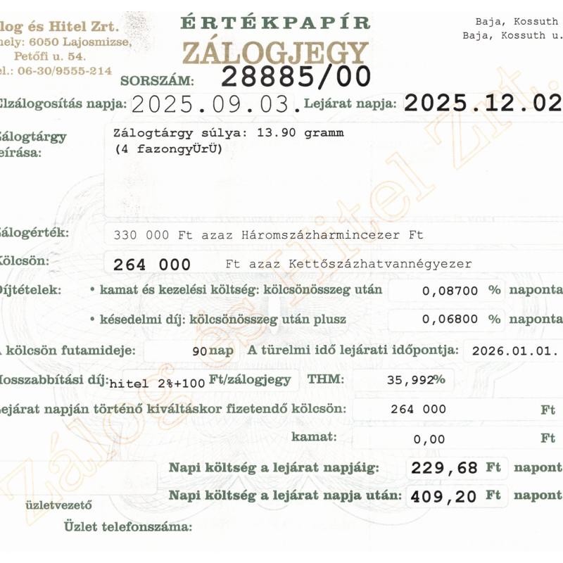 B-28885 sz. zálogjegy