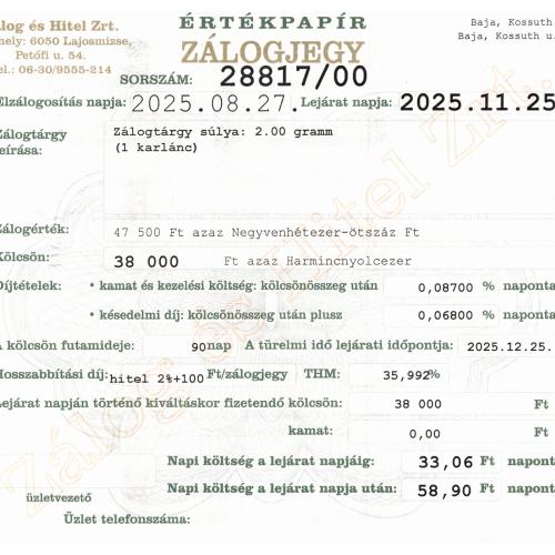 B-28817 sz. zálogjegy