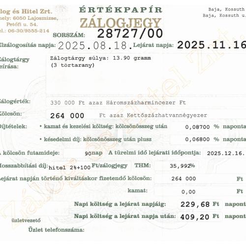 B-28727 sz. zálogjegy