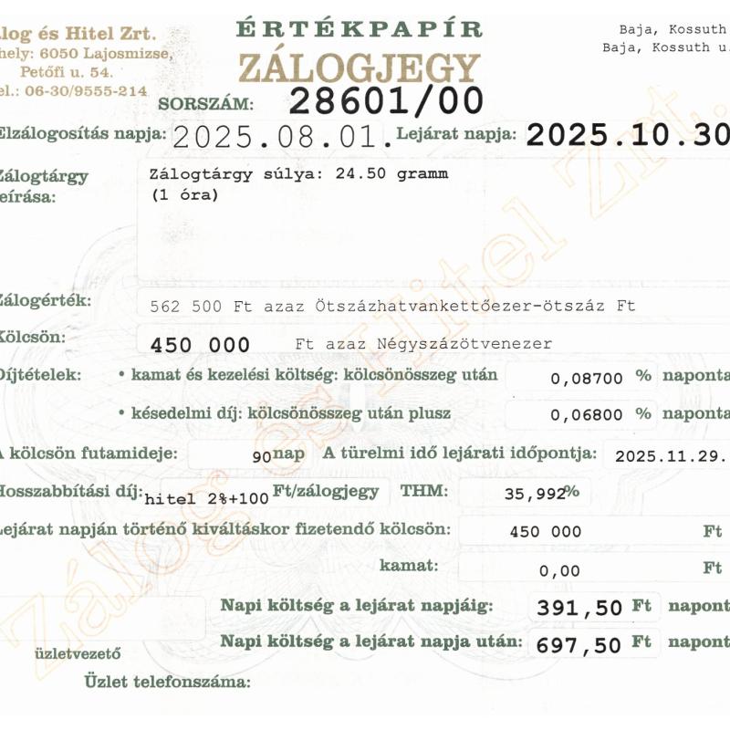 B-28601 sz. zálogjegy