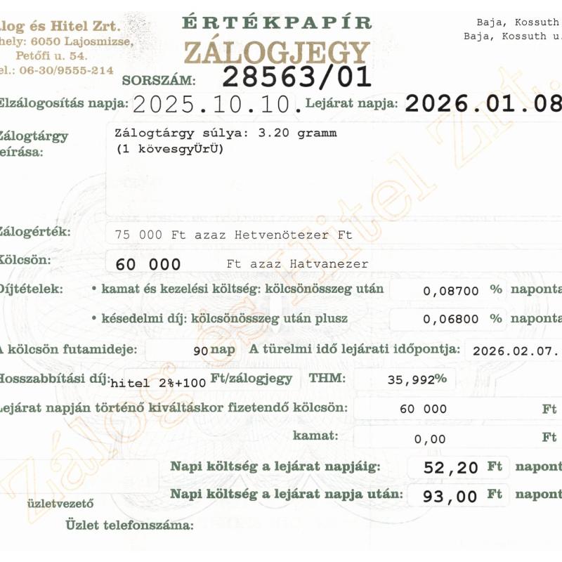 B-28563 sz. zálogjegy