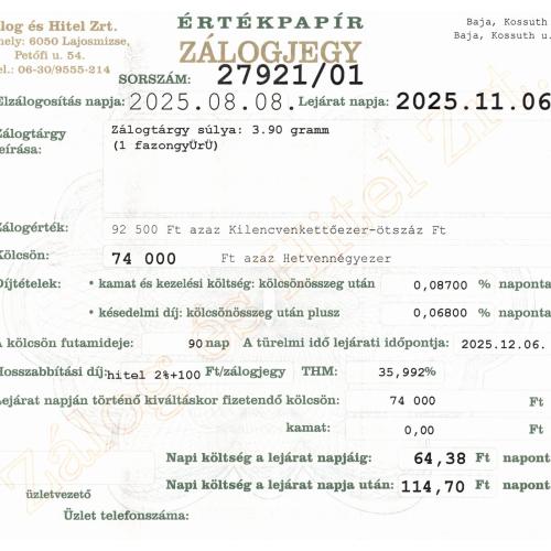 B-27921 sz. zálogjegy