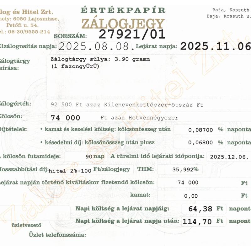 B-27921 sz. zálogjegy