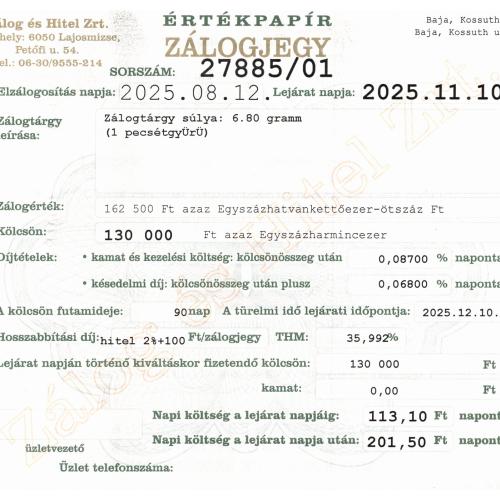 B-27885 sz. zálogjegy