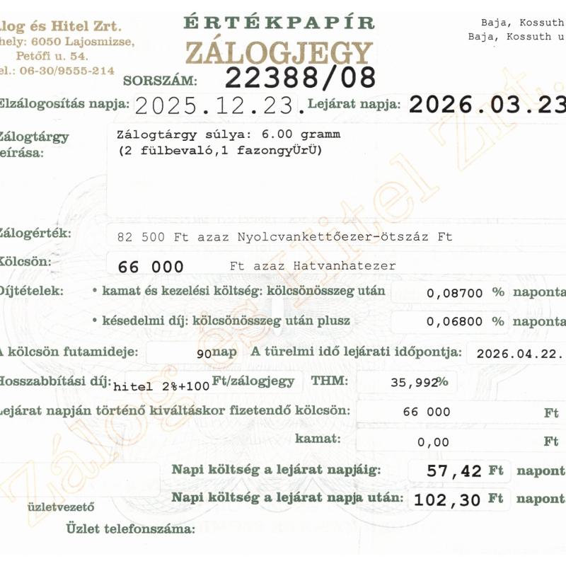 B-22388 sz. zálogjegy