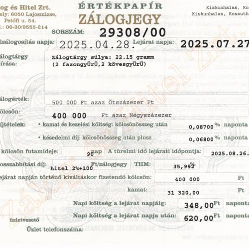K-29308 sz. zálogjegy