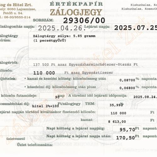 K-29306 sz. zálogjegy