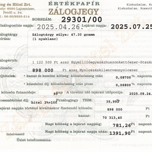 K-29301 sz. zálogjegy