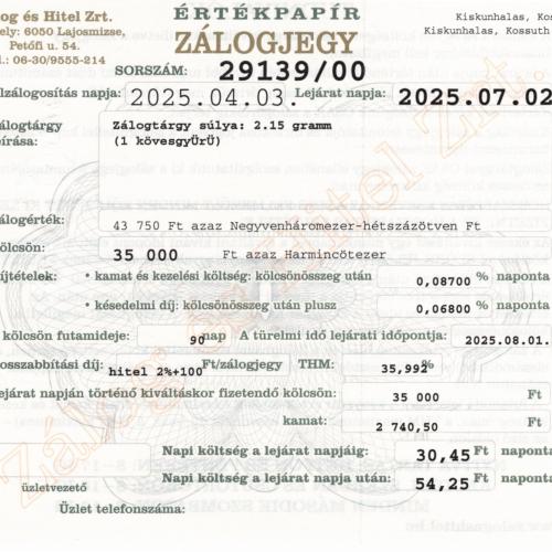 K-29139 sz. zálogjegy